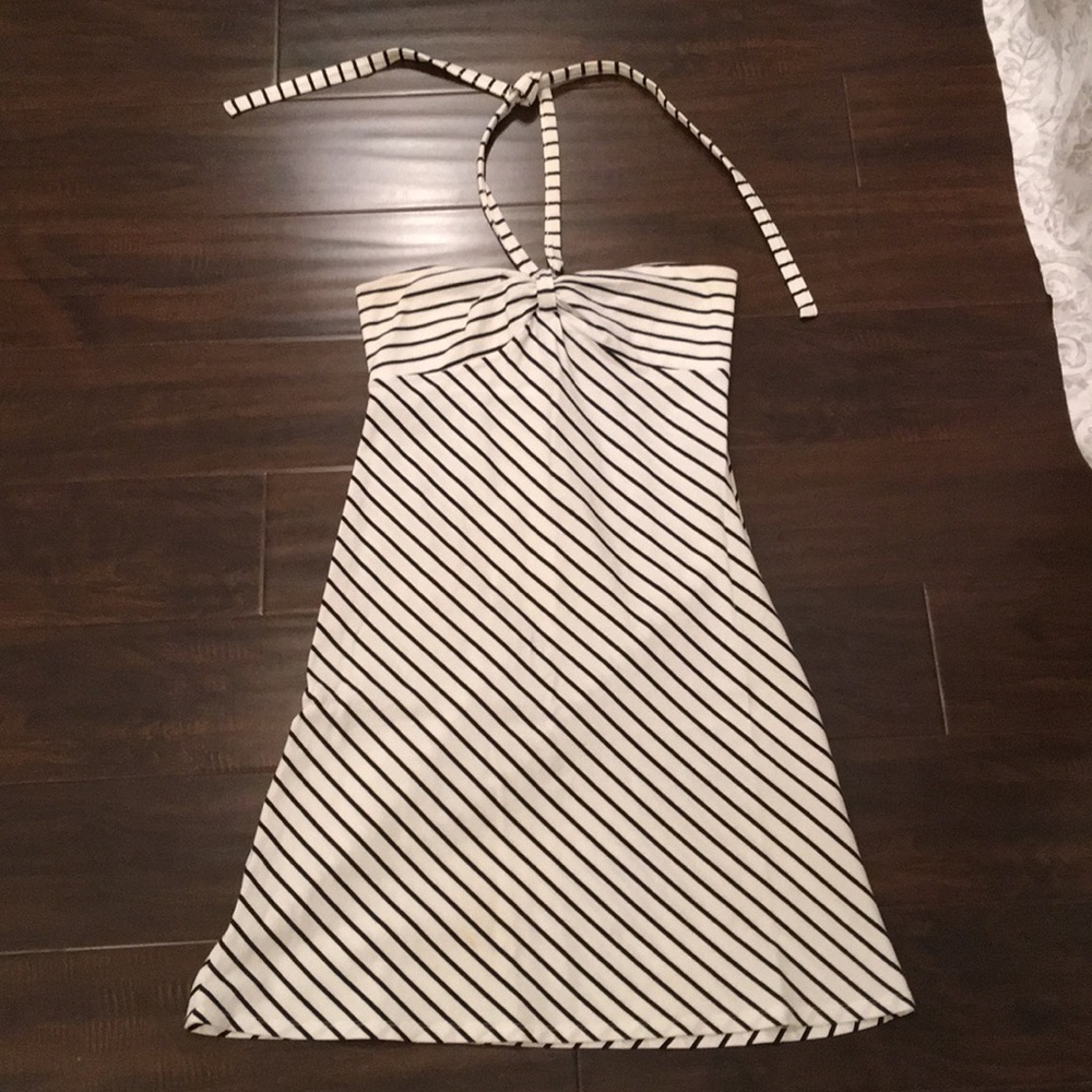 Black and white striped halter dress